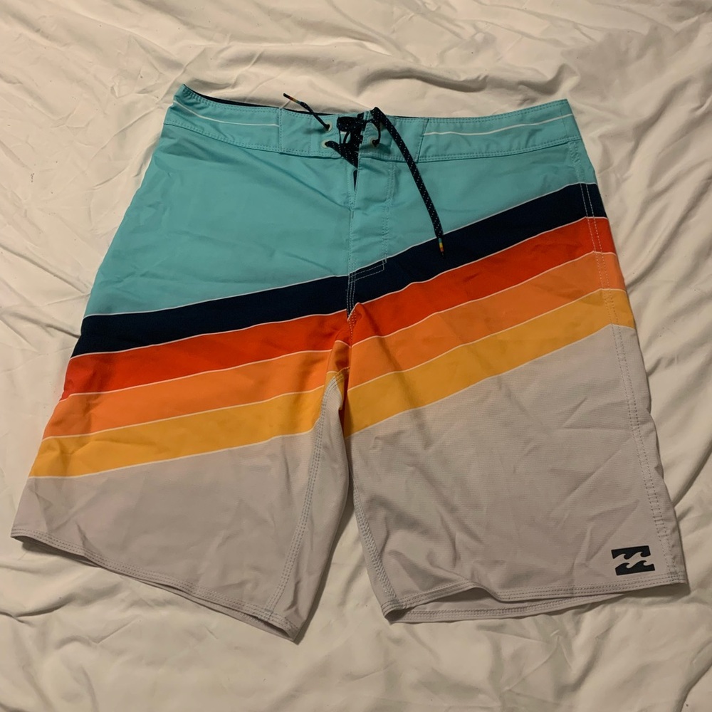 Men’s Billabong Blue and Orange Board Shorts with Retro Stripes